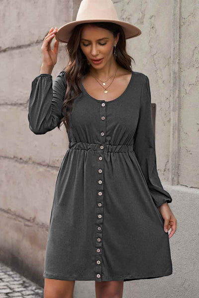 Scoop Neck Empire Waist Long Sleeve Mini Dress - multiple colors available