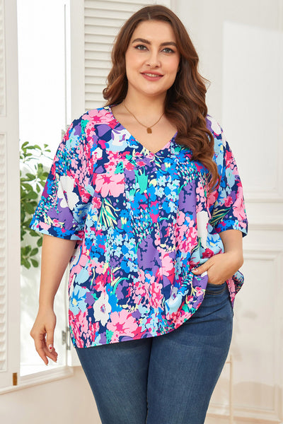 Plus ONLY Floral Center Seam V-Neck Blouse