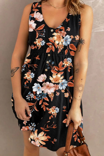 Printed Scoop Neck Sleeveless Buttoned Magic Dress with Pockets - 5 print options!