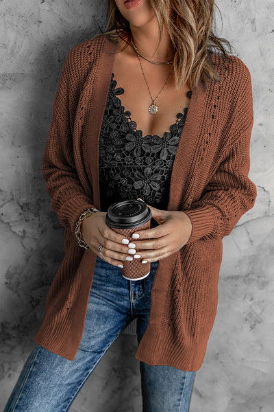 Openwork Rib-Knit Slit Cardigan with Pockets - 3 color options