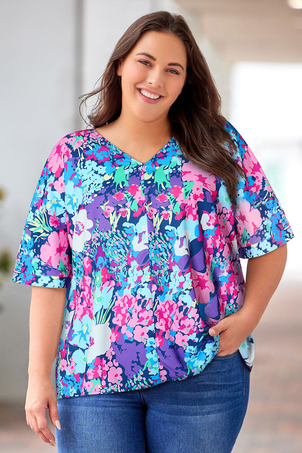 Plus ONLY Floral Center Seam V-Neck Blouse