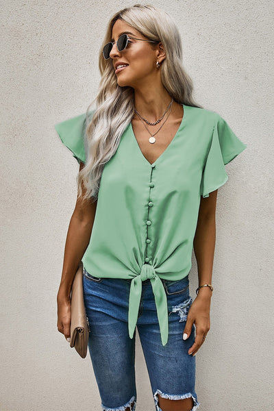 V-Neck Tie Hem Flutter Sleeve Blouse - 6 color options