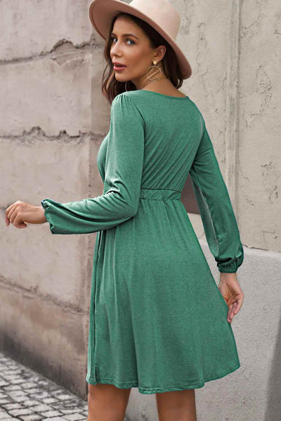 Scoop Neck Empire Waist Long Sleeve Mini Dress - multiple colors available