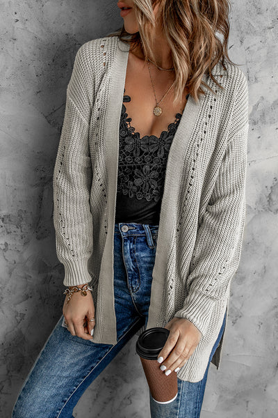 Openwork Rib-Knit Slit Cardigan with Pockets - 3 color options