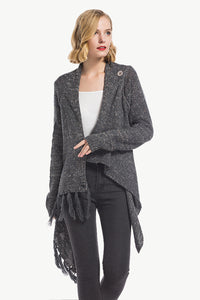 One-Button Tassel Tie Asymmetrical Hem Cardigan - 4 color options