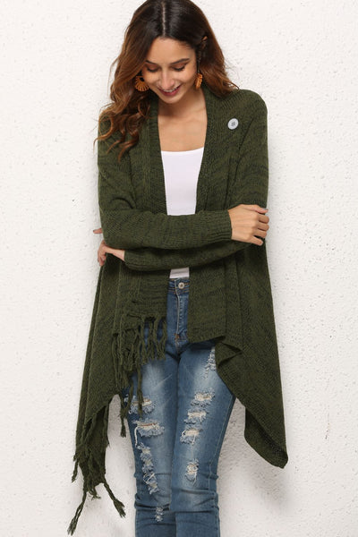 One-Button Tassel Tie Asymmetrical Hem Cardigan - 4 color options