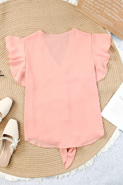 V-Neck Tie Hem Flutter Sleeve Blouse - 6 color options