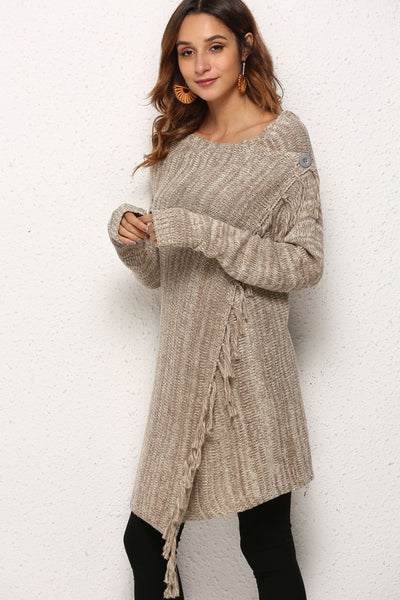 One-Button Tassel Tie Asymmetrical Hem Cardigan - 4 color options