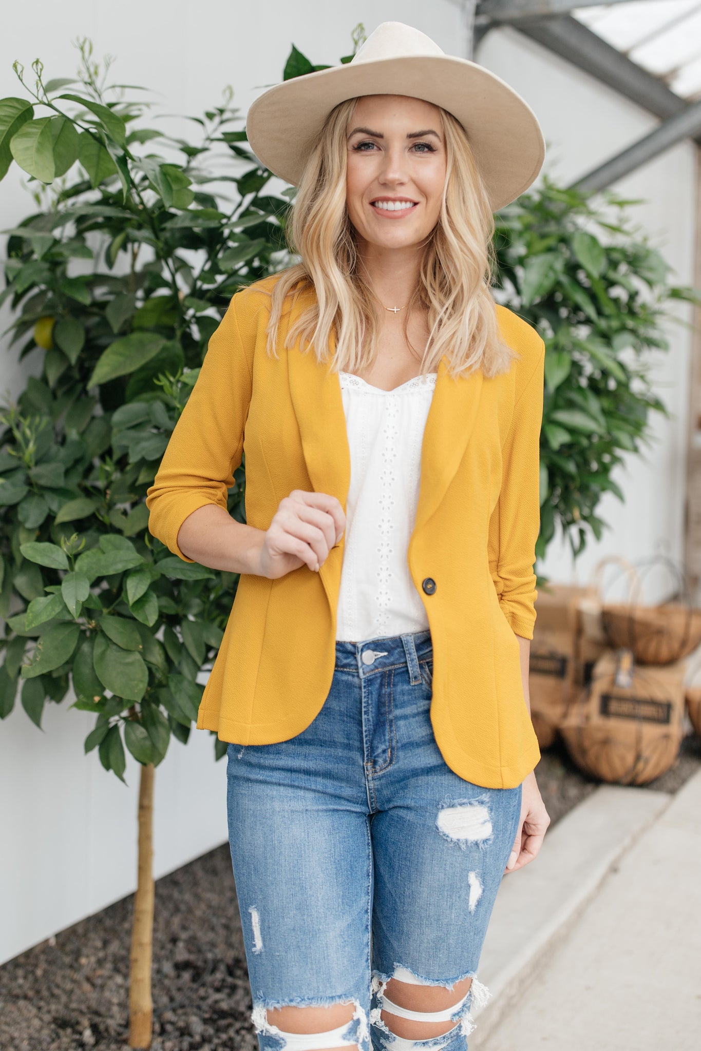 Acting Like A Lady Blazer in Mustard