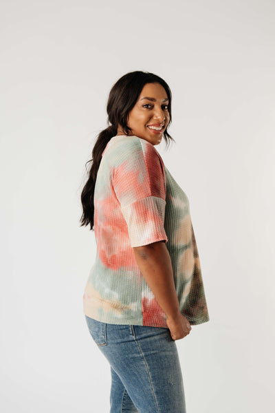 Waffle Knit Tie Dye Top In Sunrise