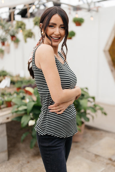 Back The Bow Up Striped Tank In Black