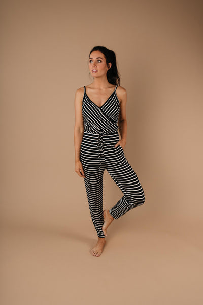 Black & White Striped Surplice Jumpsuit