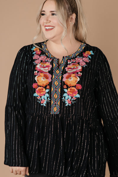 Blooming Rose Striped & Embroidered Blouse