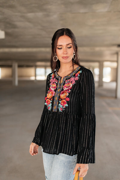 Blooming Rose Striped & Embroidered Blouse