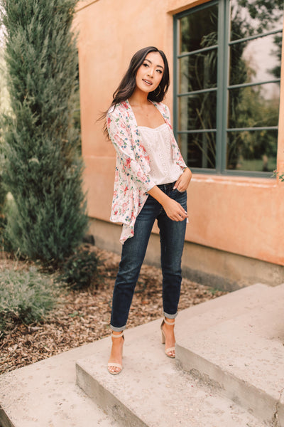 Blossoms On Subtle Stripes Cardigan In Pink