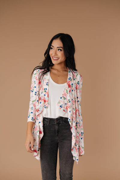 Blossoms On Subtle Stripes Cardigan In Pink