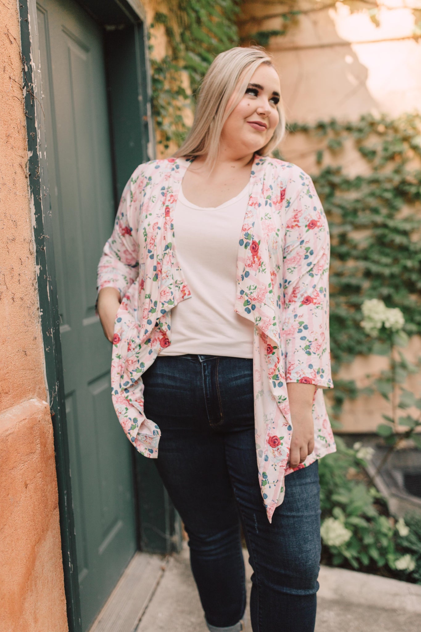 Blossoms On Subtle Stripes Cardigan In Pink