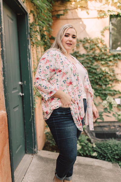 Blossoms On Subtle Stripes Cardigan In Pink