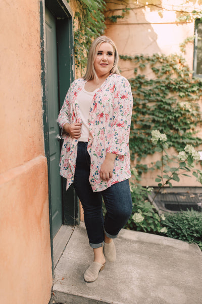 Blossoms On Subtle Stripes Cardigan In Pink