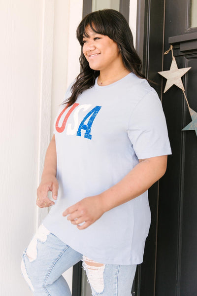 Born In The USA Graphic Tee In Baby Blue