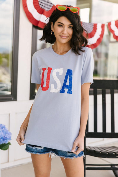 Born In The USA Graphic Tee In Baby Blue