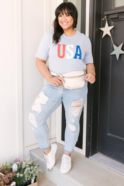 Born In The USA Graphic Tee In Baby Blue