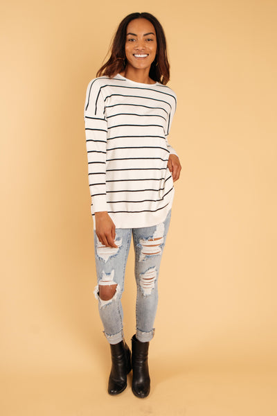 Brand New Attitude Striped Sweater Top in White