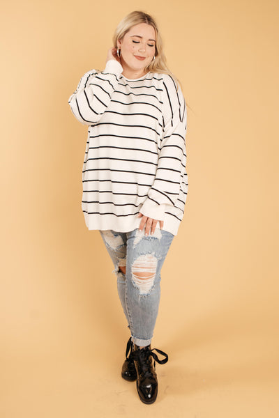 Brand New Attitude Striped Sweater Top in White