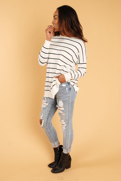 Brand New Attitude Striped Sweater Top in White