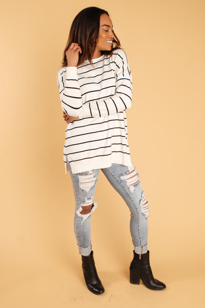 Brand New Attitude Striped Sweater Top in White