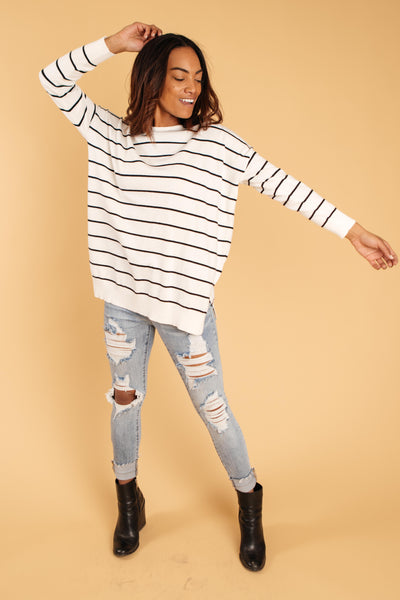 Brand New Attitude Striped Sweater Top in White