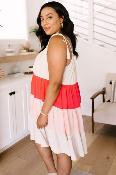 Color Block Ruffles Midi Dress In Pink