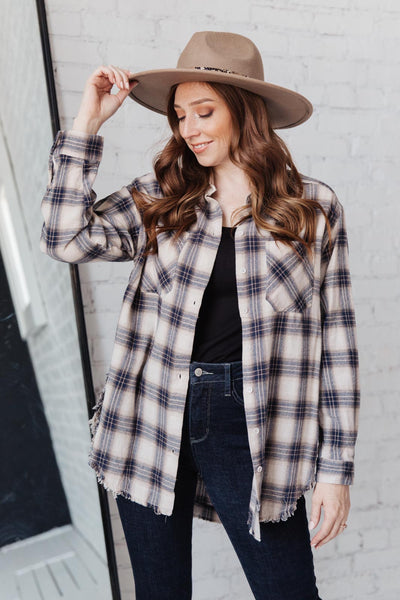 Cabin Views Button Up Top in Taupe/Navy