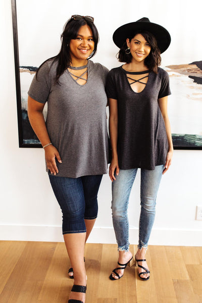 Criss-Cross Boss Tee in Charcoal