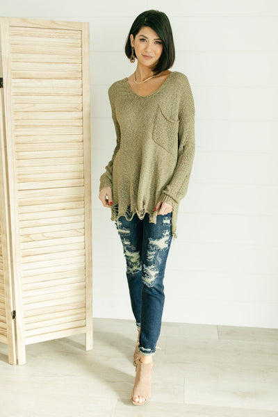 Distressed and Proud Sweater in Moss