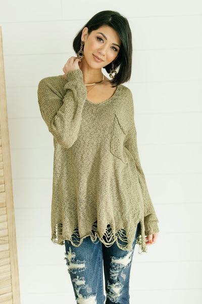 Distressed and Proud Sweater in Moss