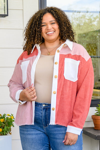 Draw You In Corduroy Color Blocked Shacket In Mauve