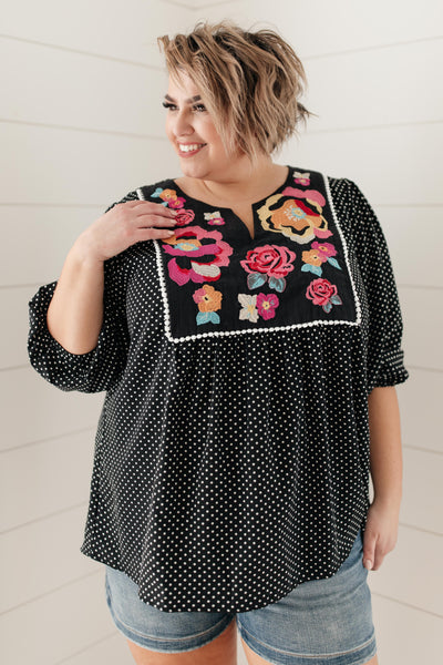 Embroidery and Dots Blouse in Black