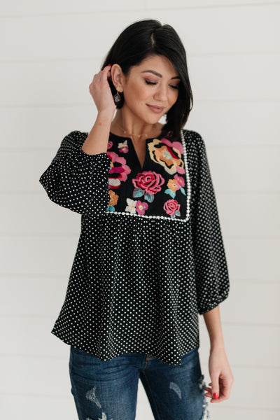 Embroidery and Dots Blouse in Black