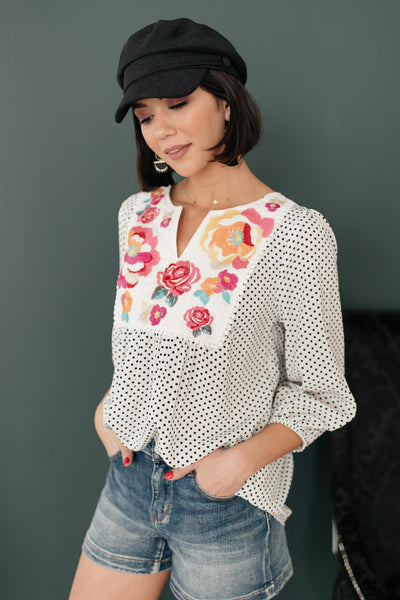 Embroidery and Dots Blouse in Ivory