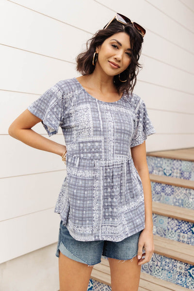 Faded Navy Folk Print Top