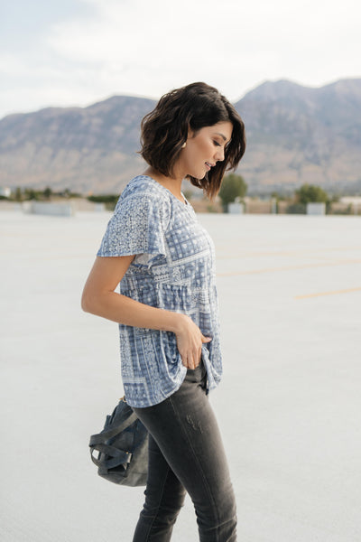 Faded Navy Folk Print Top