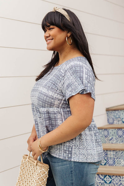 Faded Navy Folk Print Top