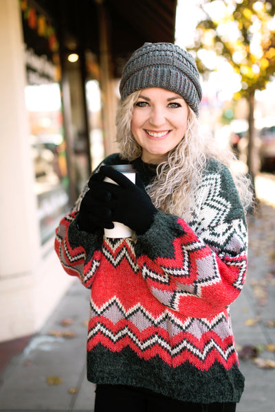 Fair Isle Sweater In Charcoal + Red