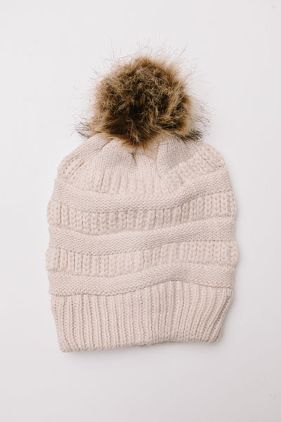Faux Pom Pom Beanie In Beige