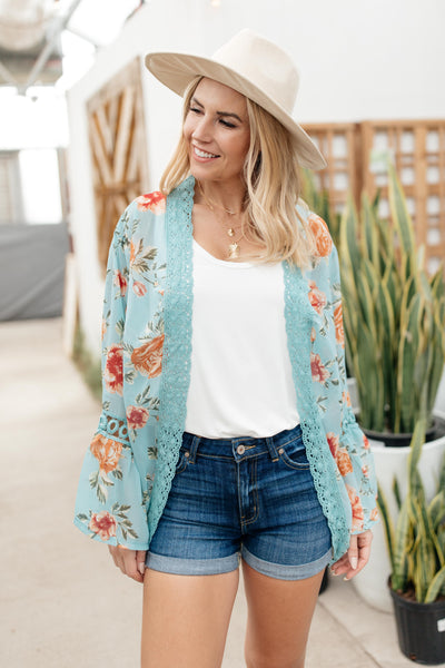 Floral Bell Sleeve Kimono in Mint