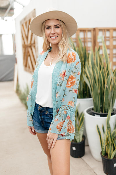 Floral Bell Sleeve Kimono in Mint