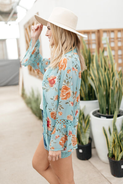 Floral Bell Sleeve Kimono in Mint