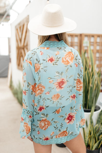 Floral Bell Sleeve Kimono in Mint