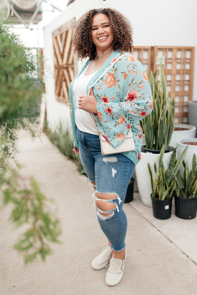 Floral Bell Sleeve Kimono in Mint